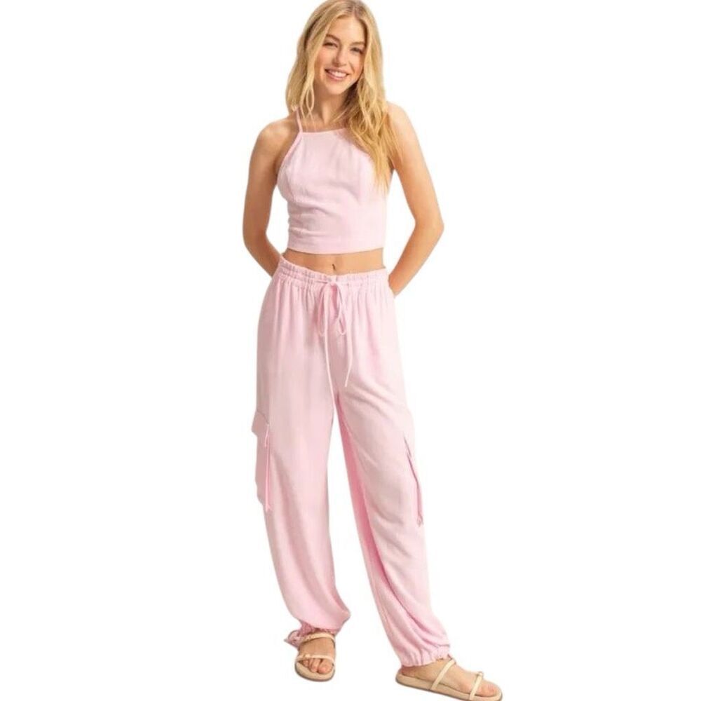 Light Pink Halter Crop Top & Cargo Joggers Set | HYFVE NWT - Picture 3 of 9